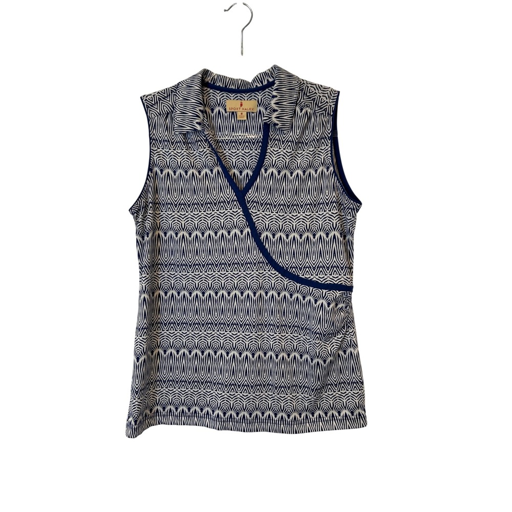 Sport Haley Sleeveless Golf Top Women Medium Blue White Geometric Print Surplice